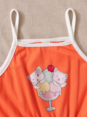 Toddler Girls Cup And Cat Graphic Bow Front Cami Rompers