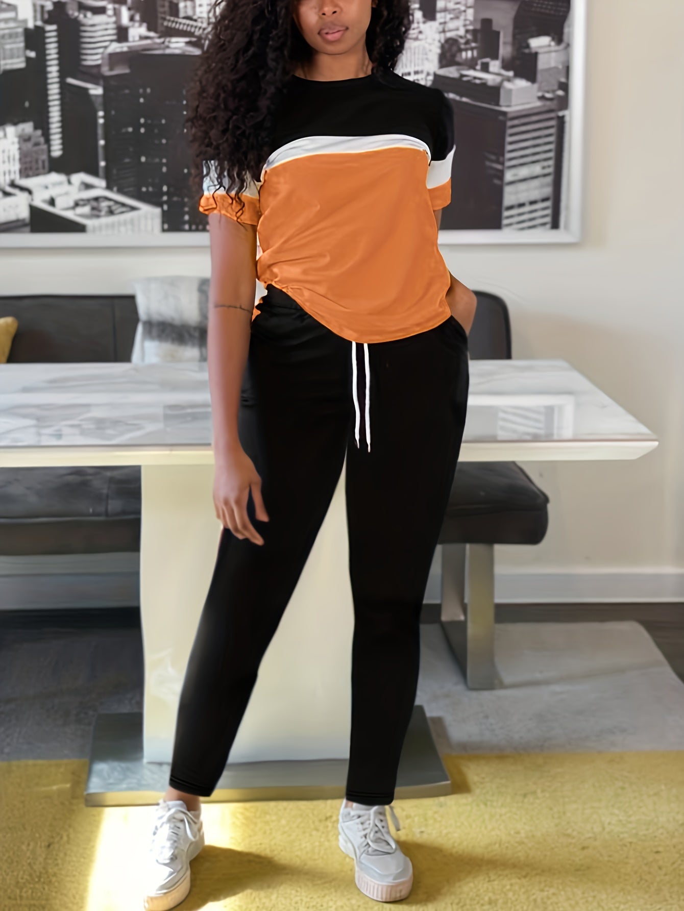 Casual Matching Two-piece Set Block Short Sleeve T-shirt & Striped Pants