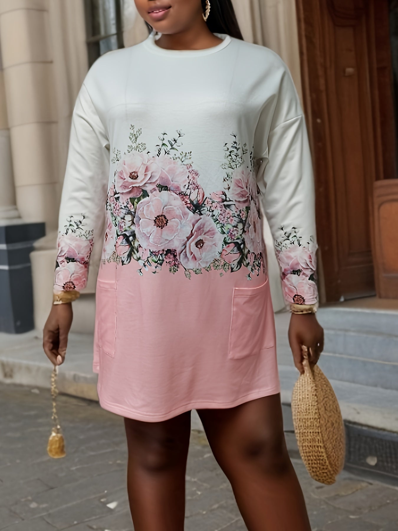 Plus Floral Print Long Sleeve Tee Dress with Pockets