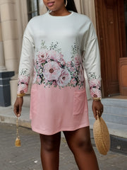 Plus Floral Print Long Sleeve Tee Dress with Pockets