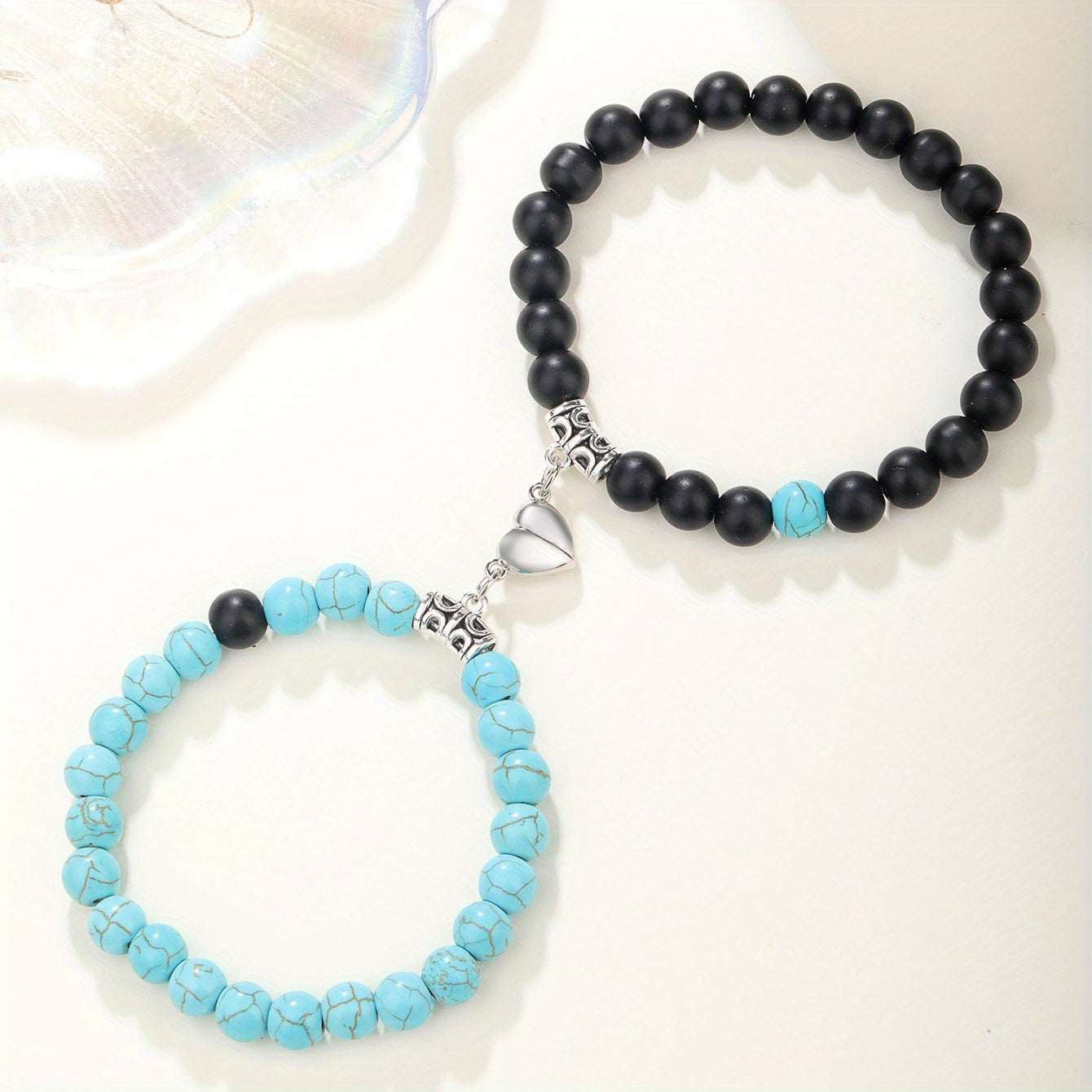 Crackle Beaded Bracelet Set Magnetic Heart Pendant Matte Beaded Couples Bracelet