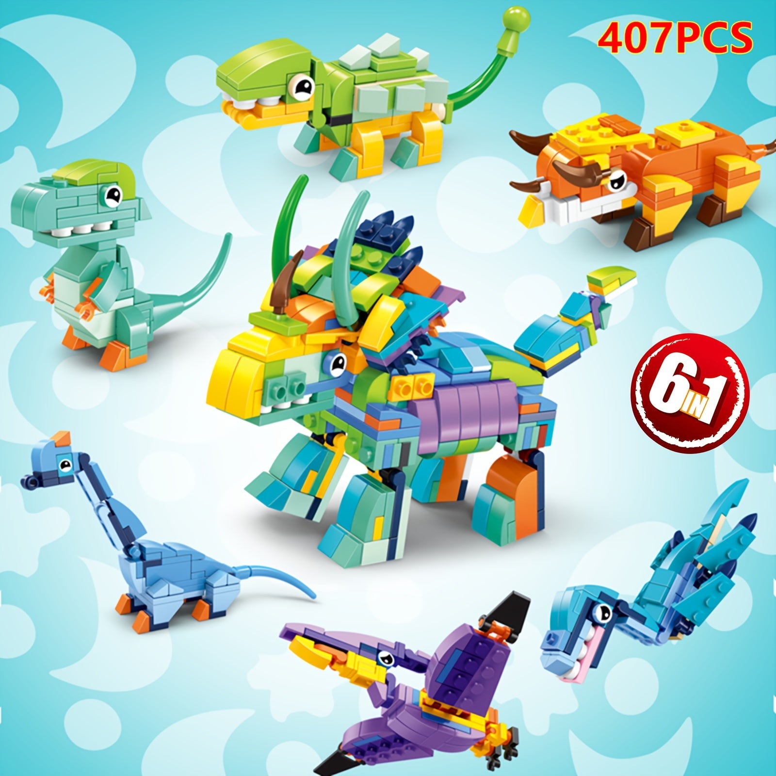 6pcs Dino Blocks 407pcs Triceratops Toy Bricks Set Cartoon Animal Model Assembly