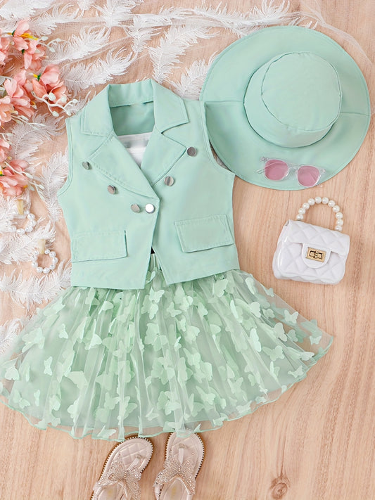 Girls 3pcs Lapel Vest Top & Mesh Tutu Skirt & Hat Summer Set
