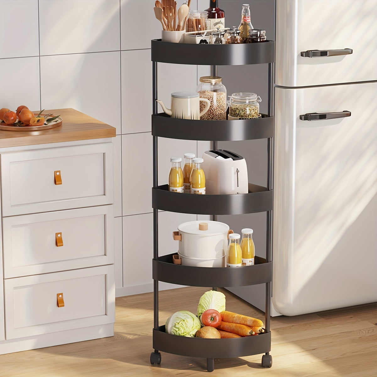 Multi Tier Storage Rack for Fruits Drinks Snacks - Kitchen Corner Shelves