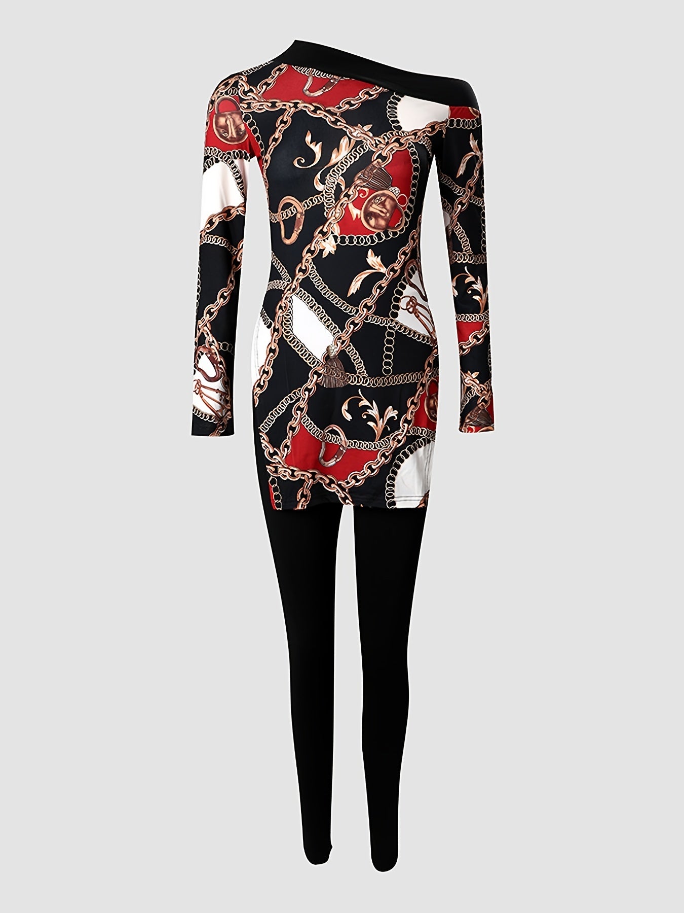 Chain Print 2pcs Set Long Sleeve Split T shirt & Solid High Waist Skinny Pants