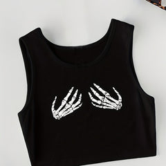 Skull Hands Print Tank Top Sexy Crew Neck Summer Sleeveless Top