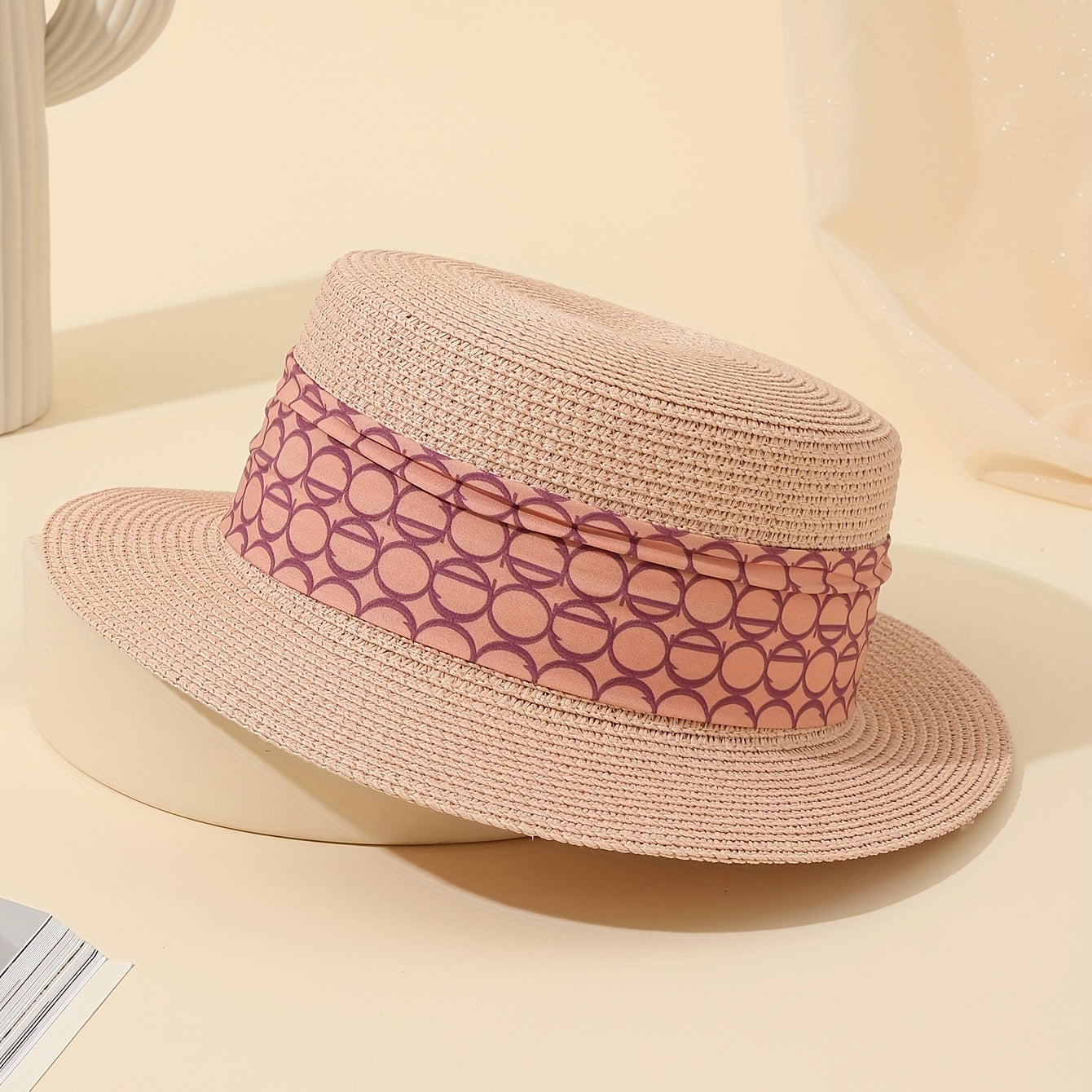 Pink Ribbon Decor Straw Hat Flat Top Jazz Sun Hat