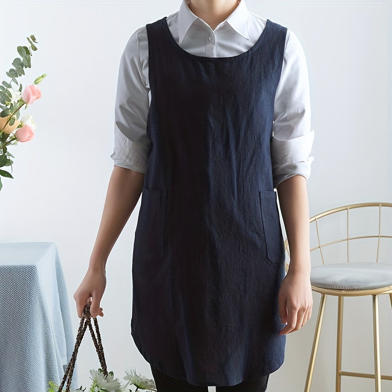 Adjustable Linen X Back Apron with Pockets for Chef Gardening Baking