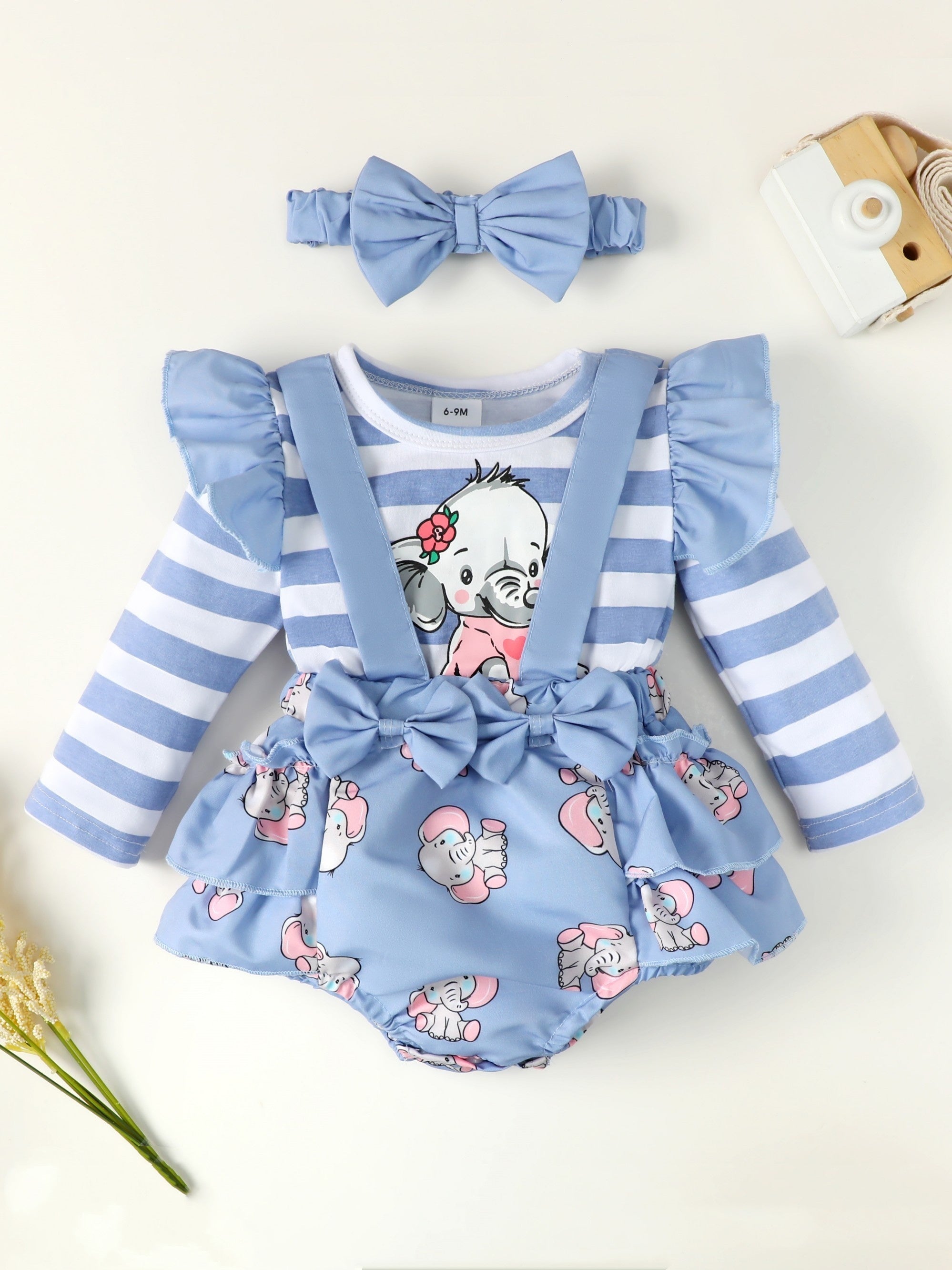 2pcs Baby Girls Elephant Fly Sleeve Onesie & Headband Set