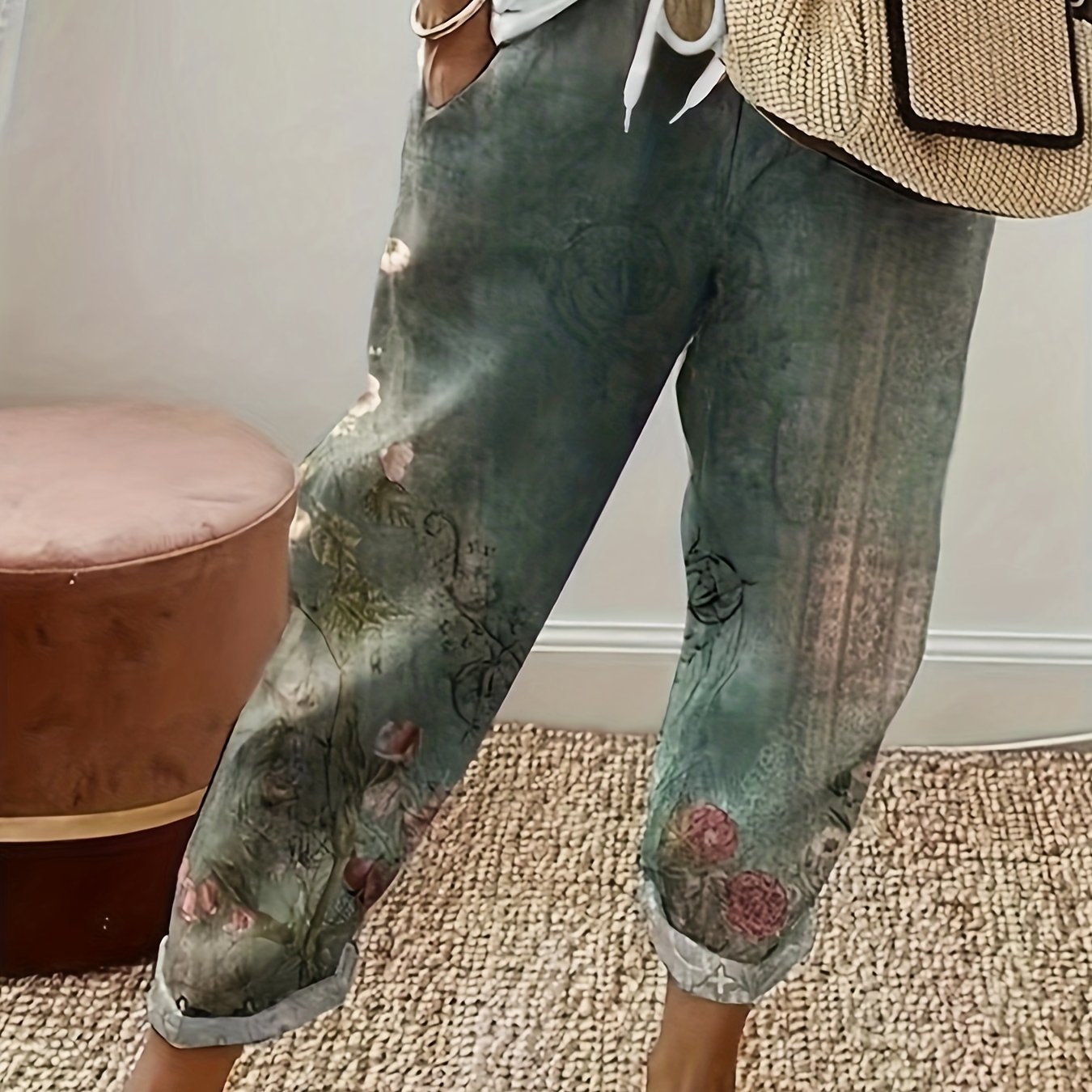Women's Plus Floral Print Drawstring Elastic High Rise Trousers