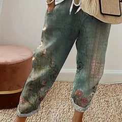 Women's Plus Floral Print Drawstring Elastic High Rise Trousers