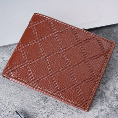 Men's Leather Short Wallet with Money Clip Argyle Pattern