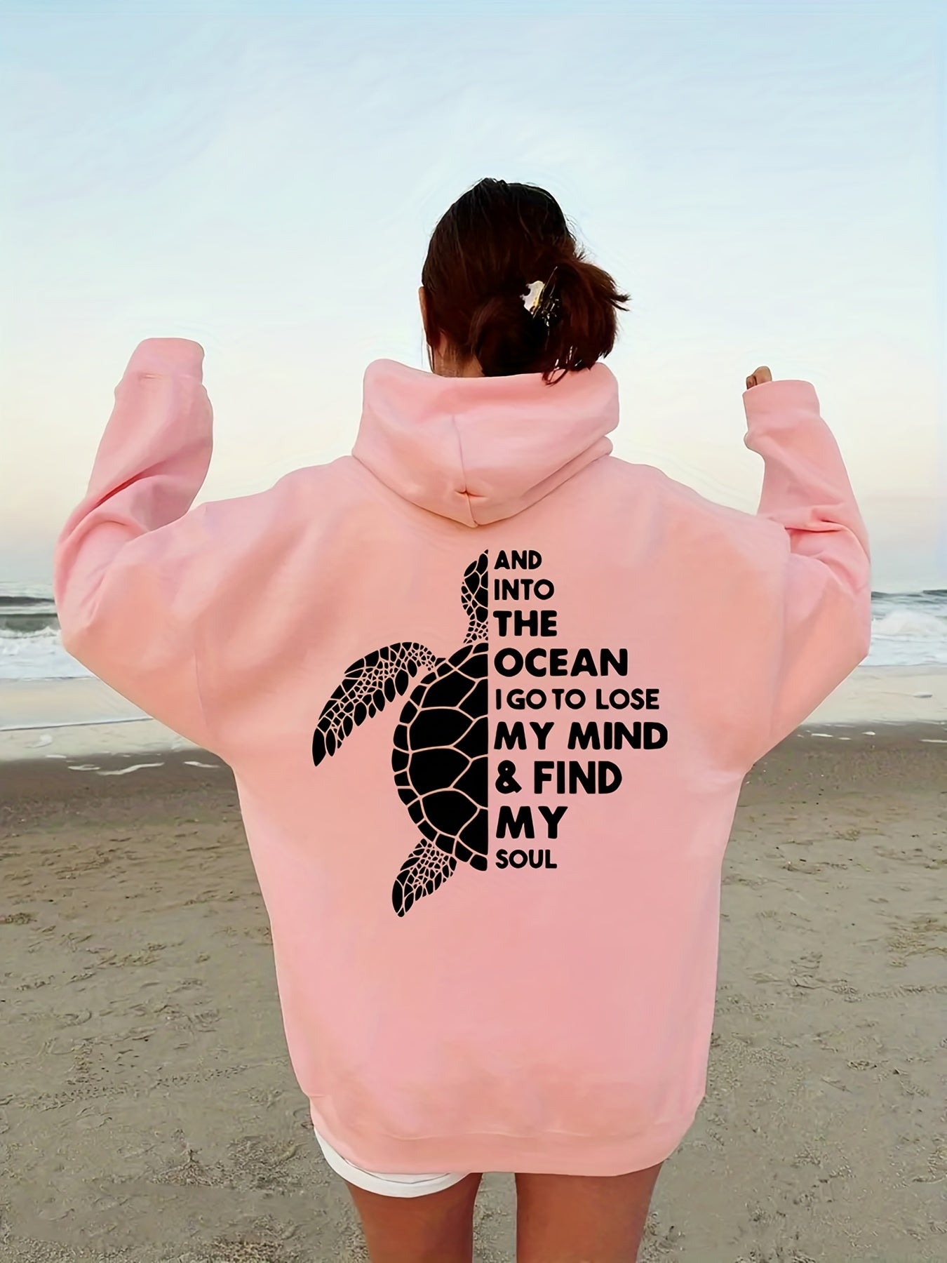 Turtle & Letter Print Kangaroo Pocket Hoodie Long Sleeve Drawstring Hoodies