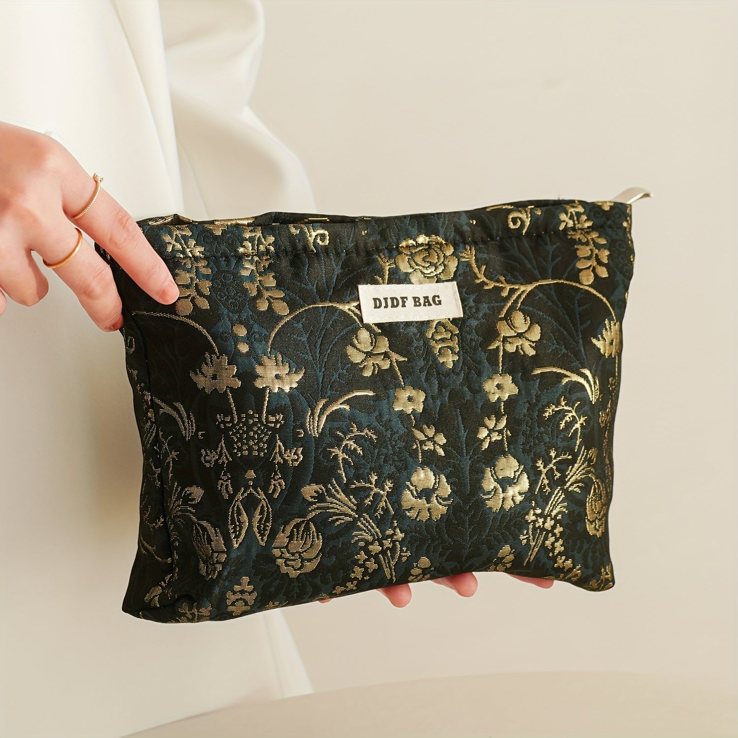 Women's Retro Portable Ink Green Golden Flower Toiletry Bag