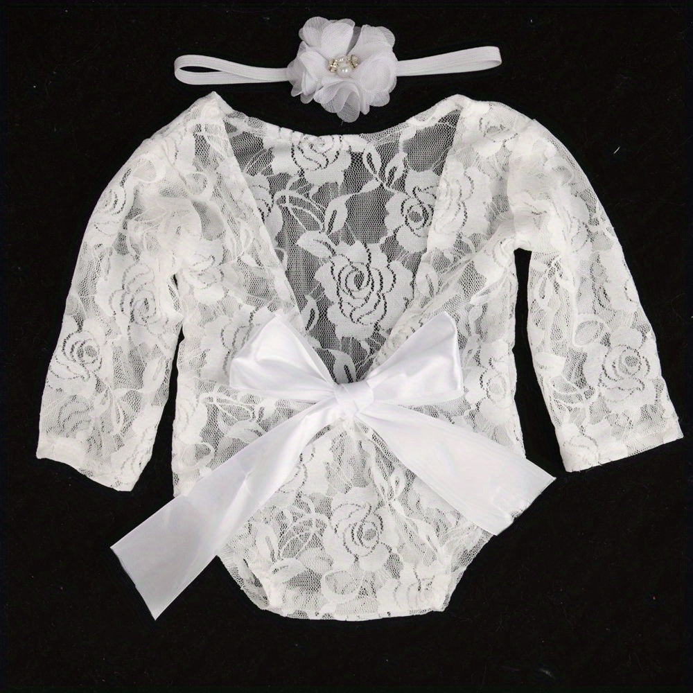Newborn Lace Backless Bow Crawl Suit Baby Photography Set