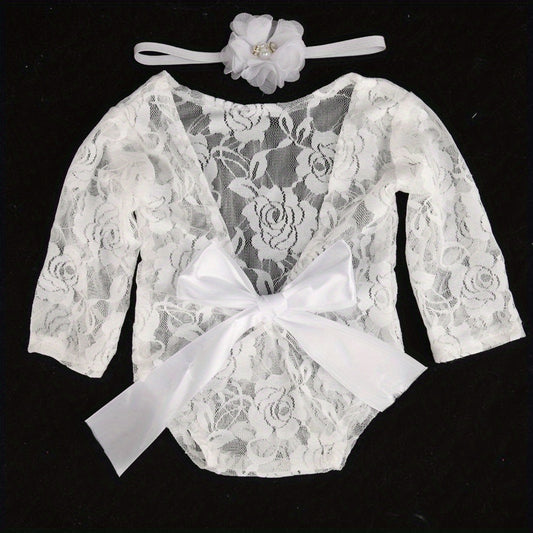 Newborn Lace Backless Bow Crawl Suit Baby Photography Set