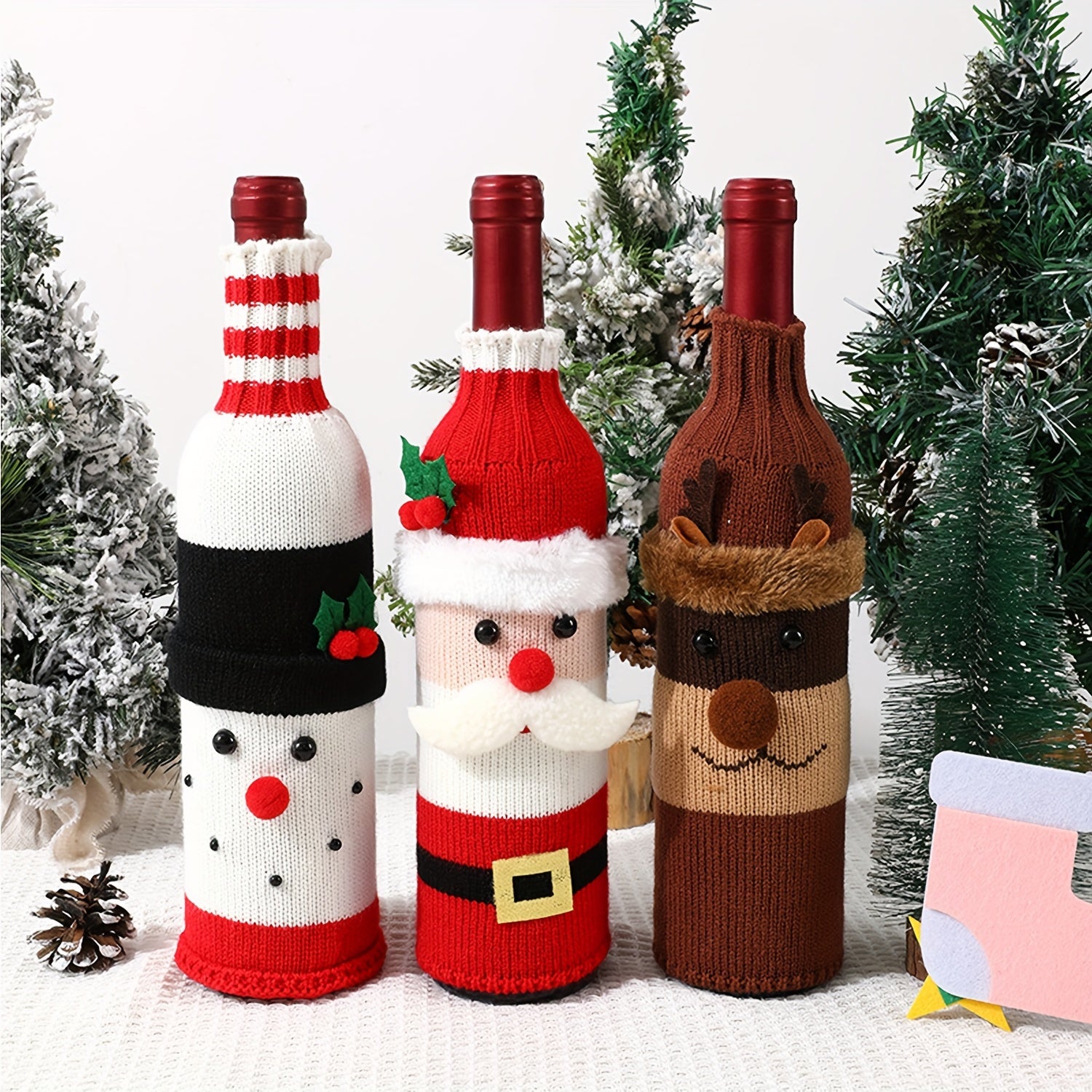 2 Pack Christmas Wine Bottle Set Cartoon Knit Snowman Santa Decoration