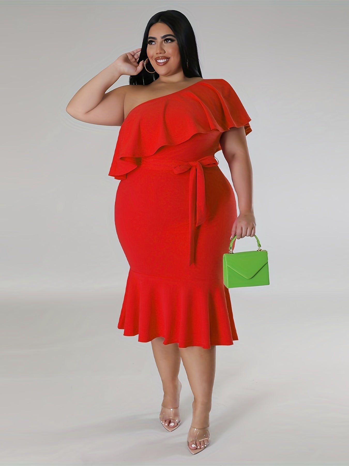 Plus Size One Shoulder Ruffle Mermaid Dress with Belt
