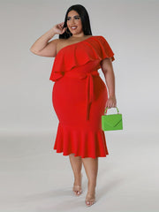 Plus Size One Shoulder Ruffle Mermaid Dress with Belt