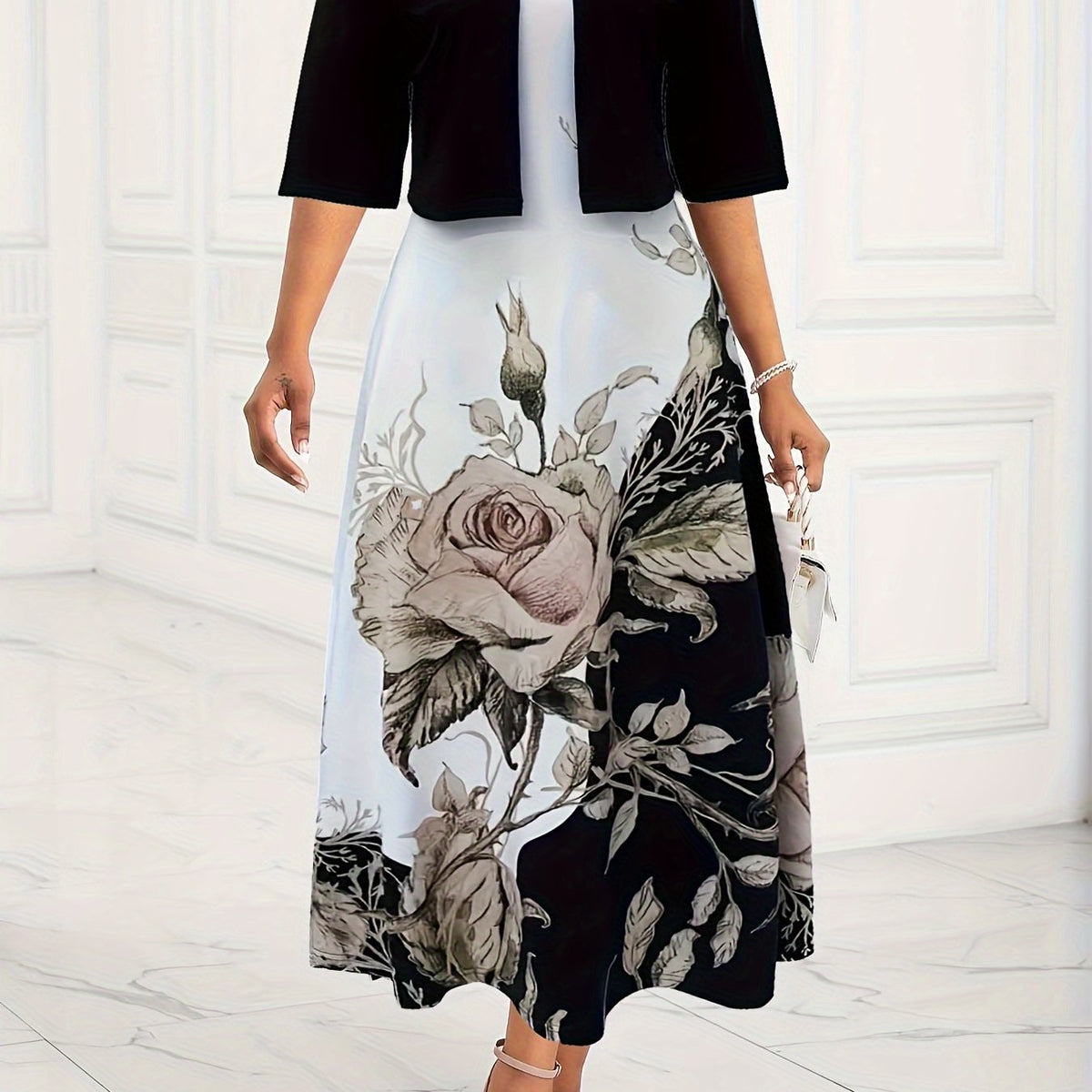  Solid Crop Cardigan & Floral Print V Neck Tank Dress Set