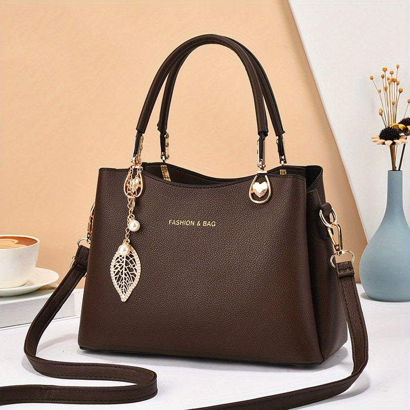 Classic Shoulder Handbag with Metal Leaf Pendant - Stylish and Spacious