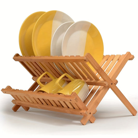 2 Tier Bamboo Dish Drying Rack Collapsible Foldable Kitchen Plate Drainer