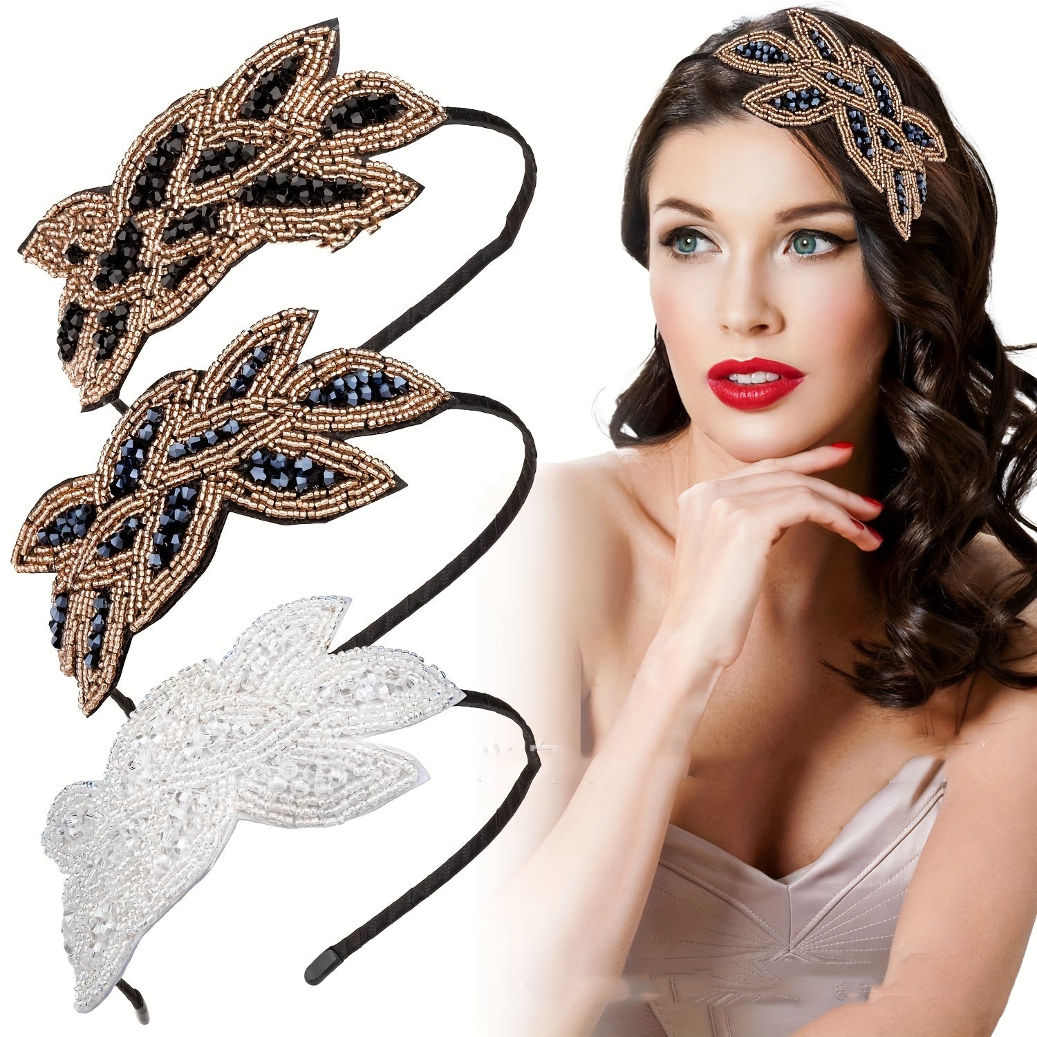 Retro Flapper Headband Rhinestone Hair Accessory Brown Petal Flower