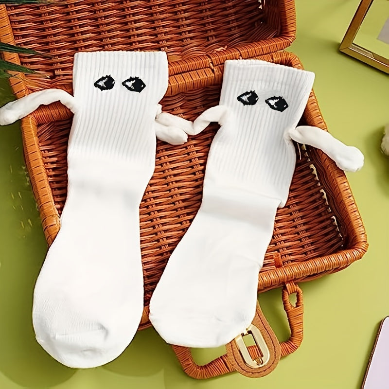 2-Pairs Couple Creative Mid-Calf Socks with 3D Magnetic Hand Holding Dolls