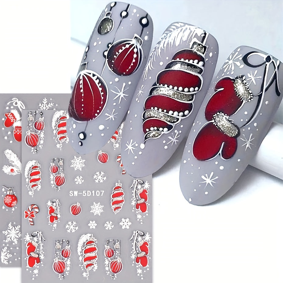 5D Embossed Christmas Nail Art Stickers Snowflake Gloves Feather Bulb Bells