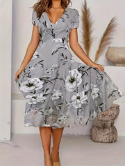 Floral Print V Neck Dress Short Sleeve A Line Summer Dress