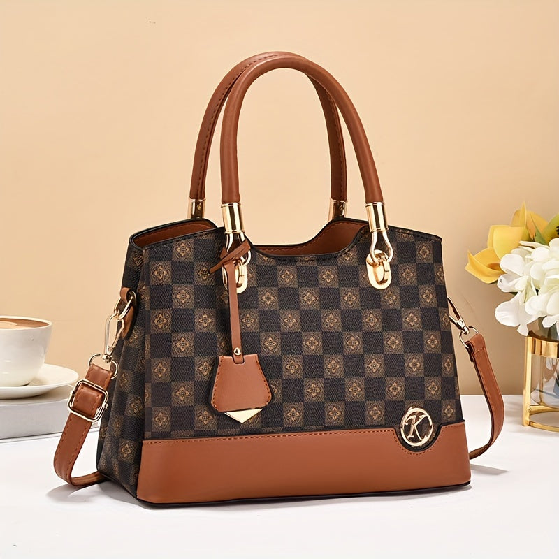 Geometric Plaid Faux Leather Top Handle Bag for Women