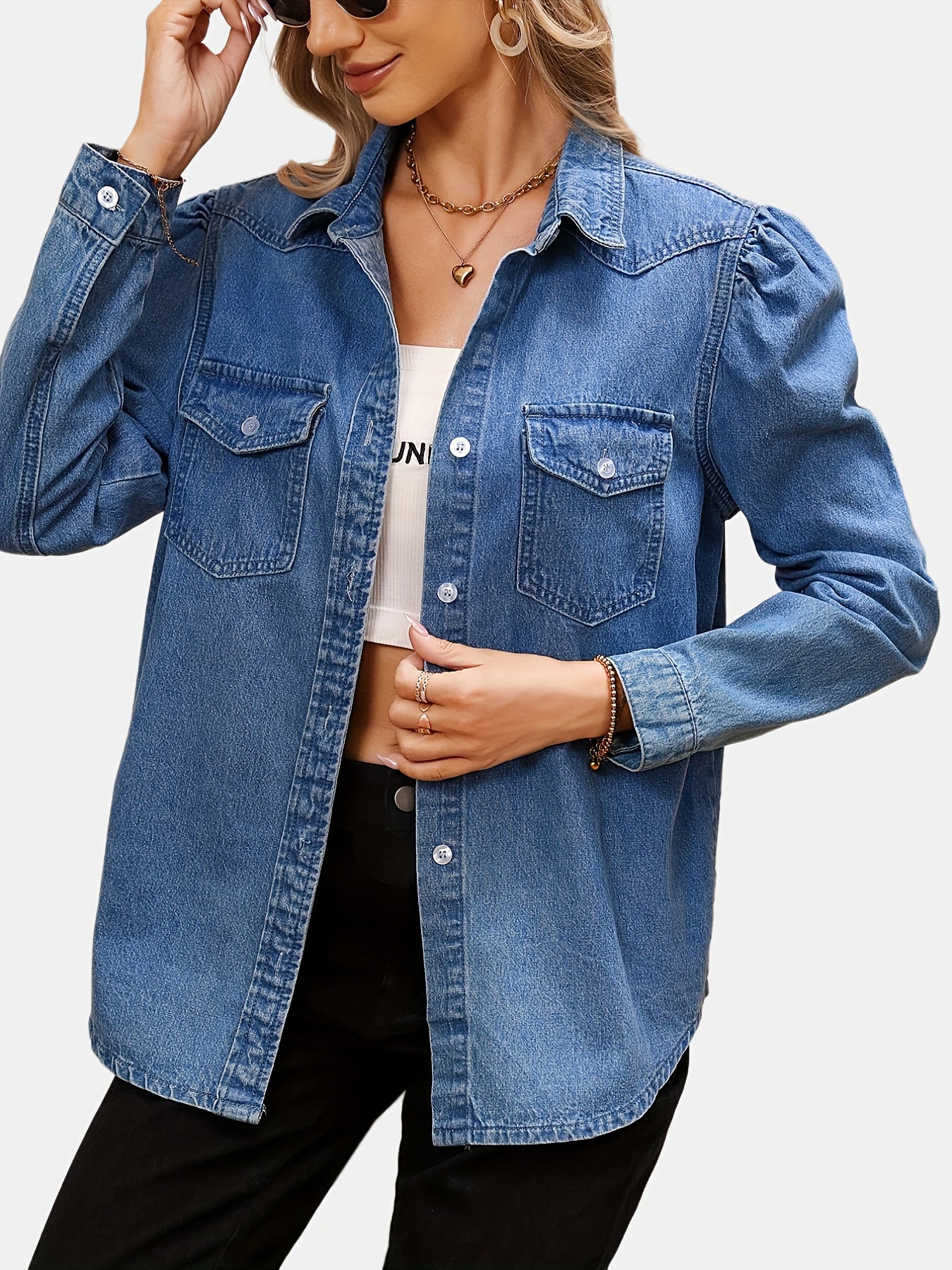 Long Sleeves Denim Top Flap Pockets Single Breasted Button Lapel