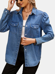 Long Sleeves Denim Top Flap Pockets Single Breasted Button Lapel