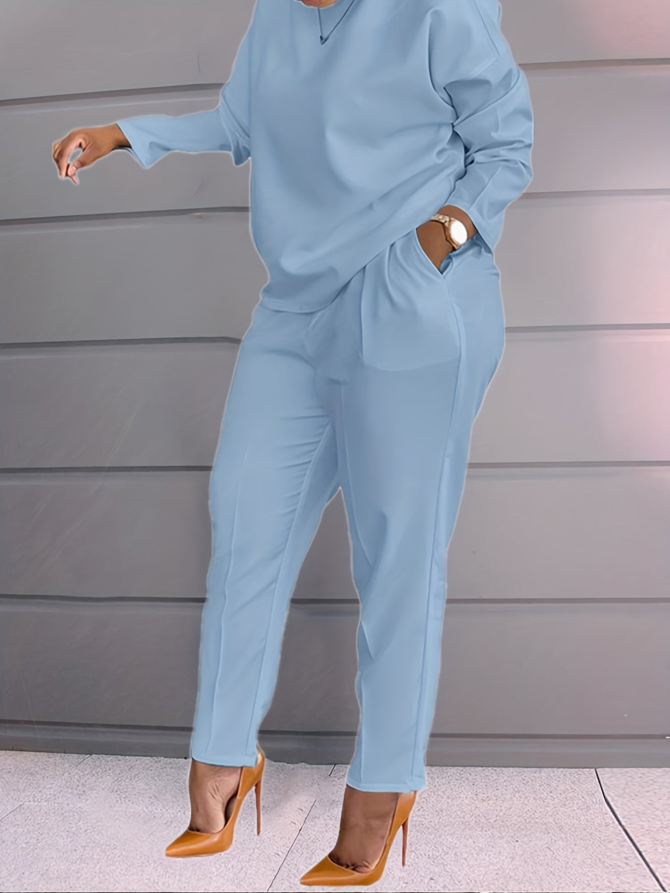 Casual 2-Piece Set Crew Neck Long Sleeve Top & Wide Leg Pants Outfit