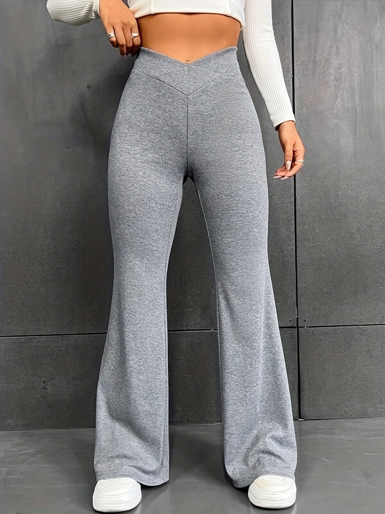  Solid High Rise Flare Leg Pants