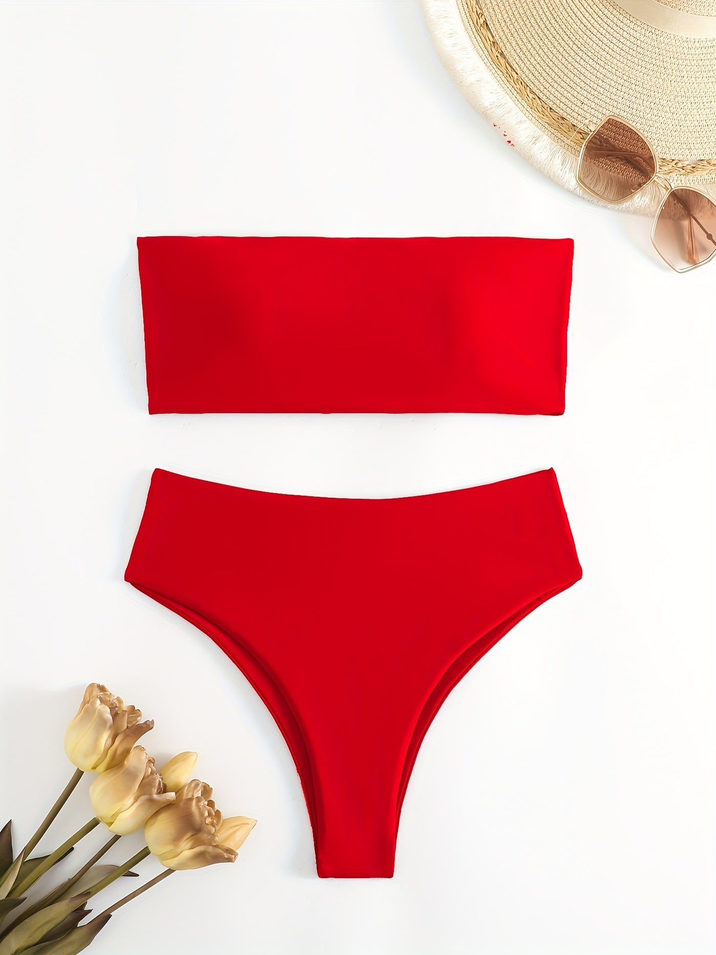 Solid Bandeau Tie Back Bikini Sets High Cut Two Pieces Swimsuit Women's Swimwear