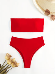 Solid Bandeau Tie Back Bikini Sets High Cut Two Pieces Swimsuit Women's Swimwear
