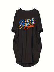  Slogan Print Long Sleeve Loose Fit Dress