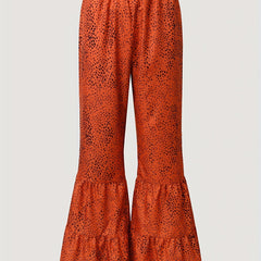 Women's Plus Leopard Print Elastic Ruffle Trim Flared Leg Trousers