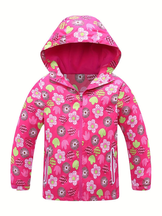 Toddler Girls Flowers Hooded Jacket Waterproof Windproof Zipper Coat