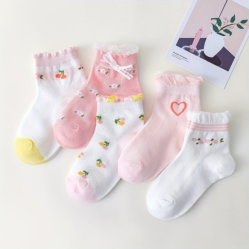 5 Pairs Girls Heart Floral Socks for Spring and Summer
