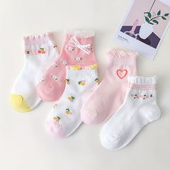 5 Pairs Girls Heart Floral Socks for Spring and Summer