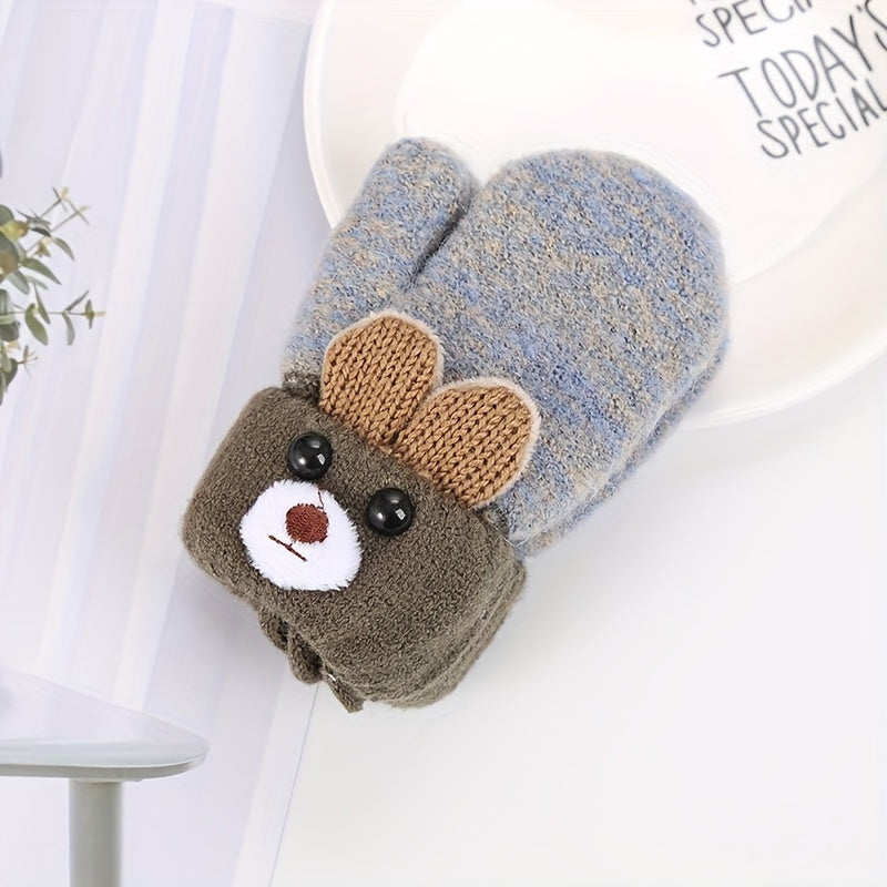 Bear Cartoon Gloves Kids Winter Knitted Double layered Thickened Gloves