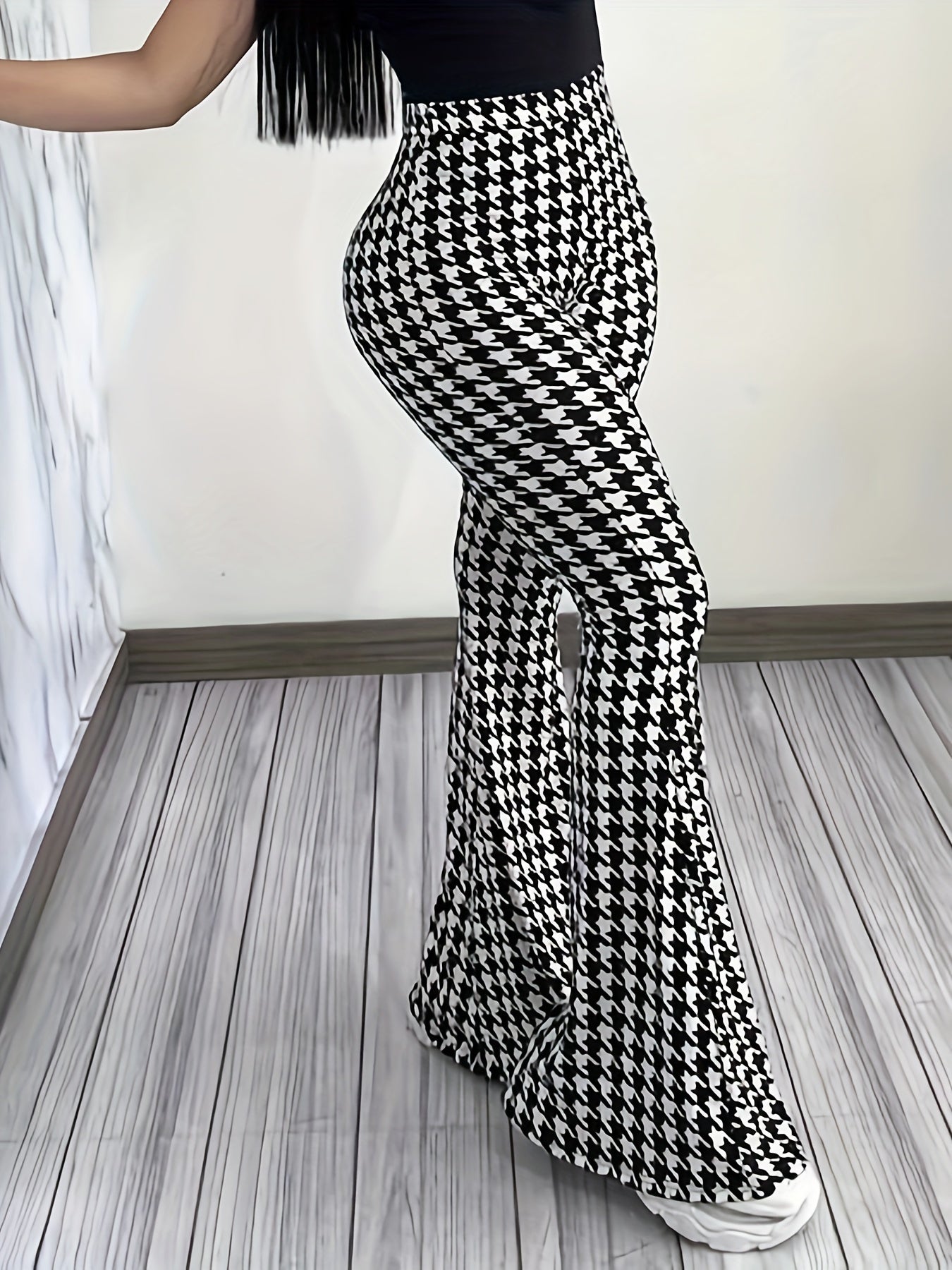  Houndstooth Print High Rise Flared Leg Trousers