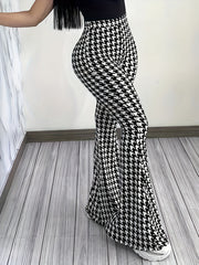  Houndstooth Print High Rise Flared Leg Trousers