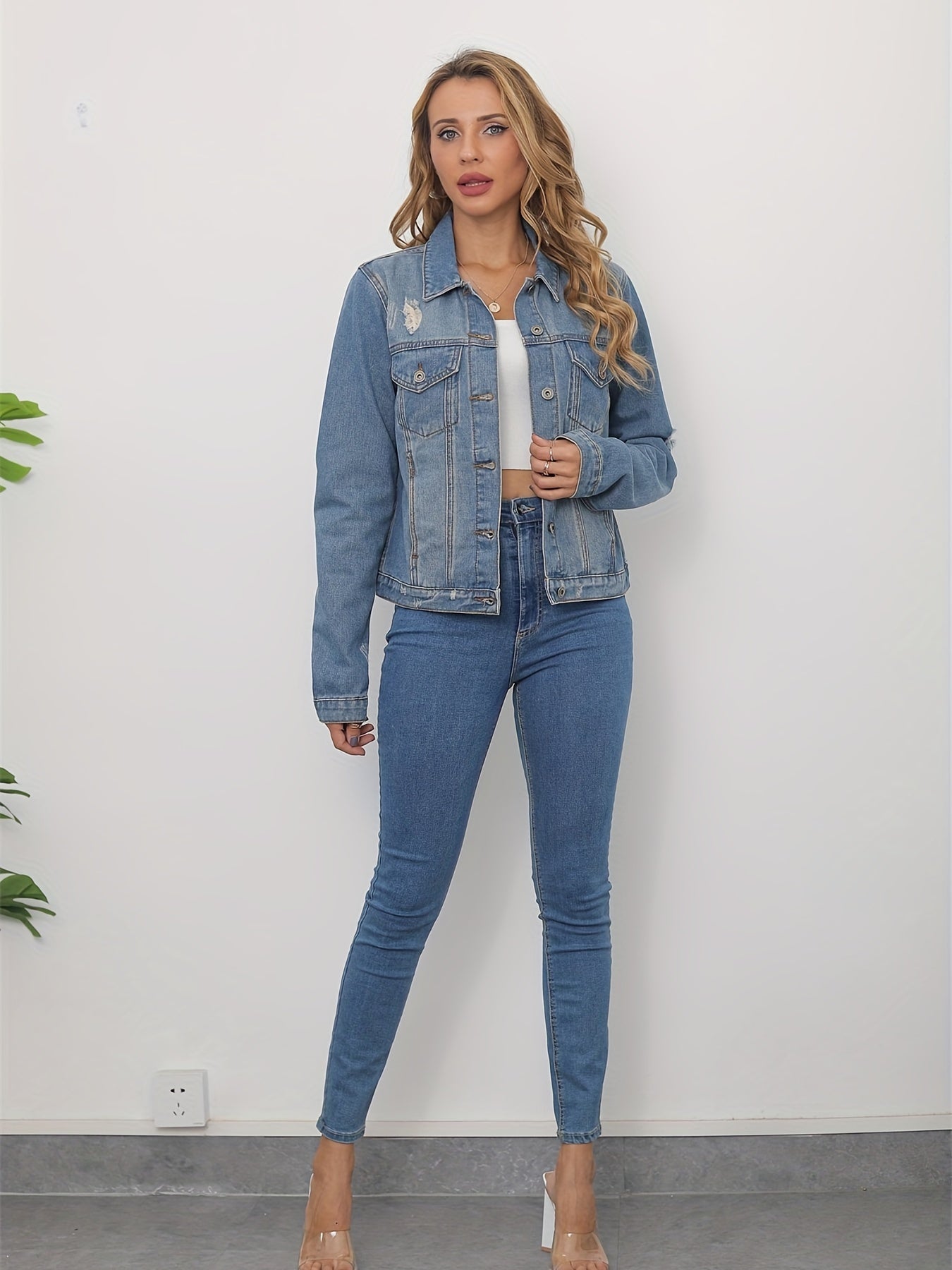 Flap Pocket Denim Jacket Lapel Long Sleeve Regular Fit Washed Casual Denim Coat