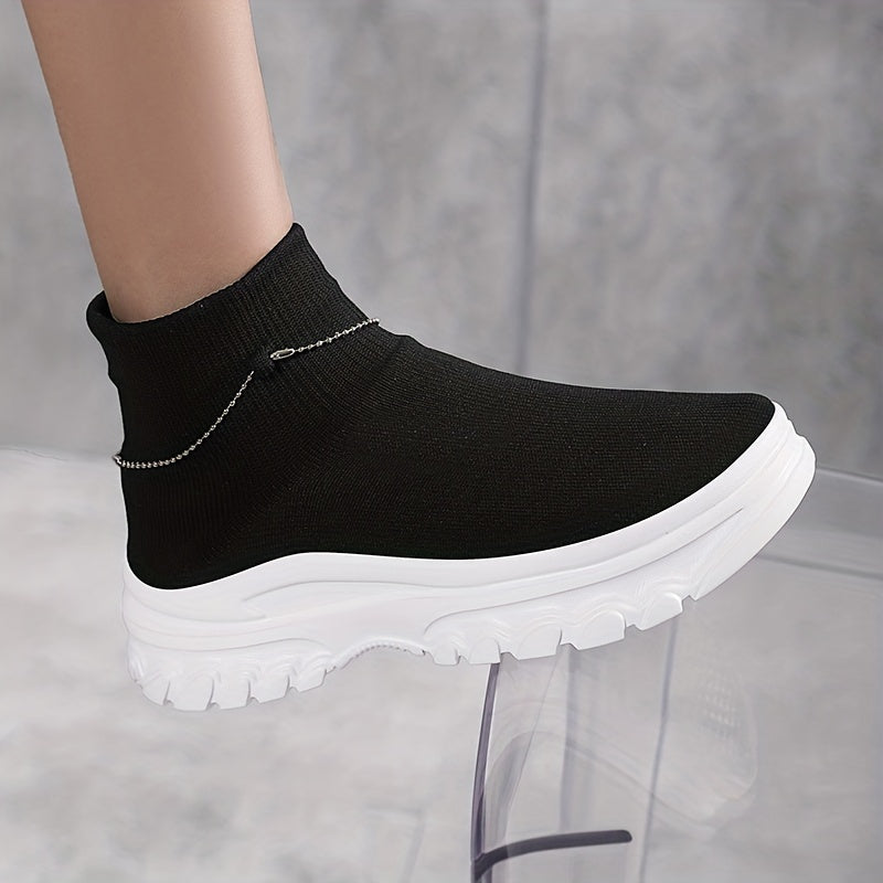 Women's High Top Slip on Socks Sneakers Chain Decor Comfy Non Slip Walking Shoes