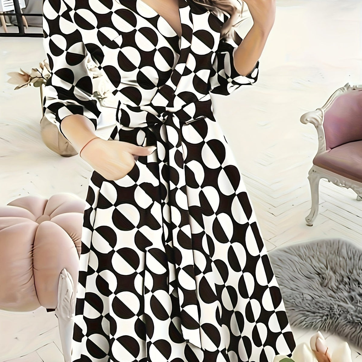  Allover Print Long Sleeve Midi Dress With Belt