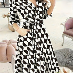  Allover Print Long Sleeve Midi Dress With Belt