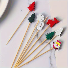 100pcs Christmas Bamboo Fruit & Snack Picks Santa Designs for Holiday Parties